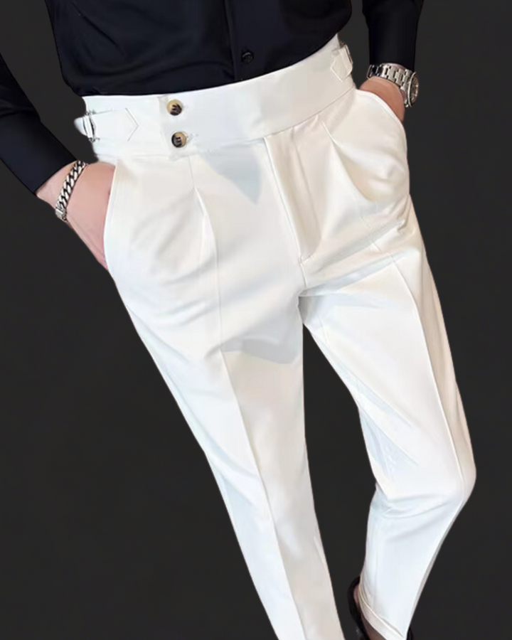 Smart men's Gurkha dress trousers, pleated front, adjustable waist for comfort. Ideal for formal & semi-formal.