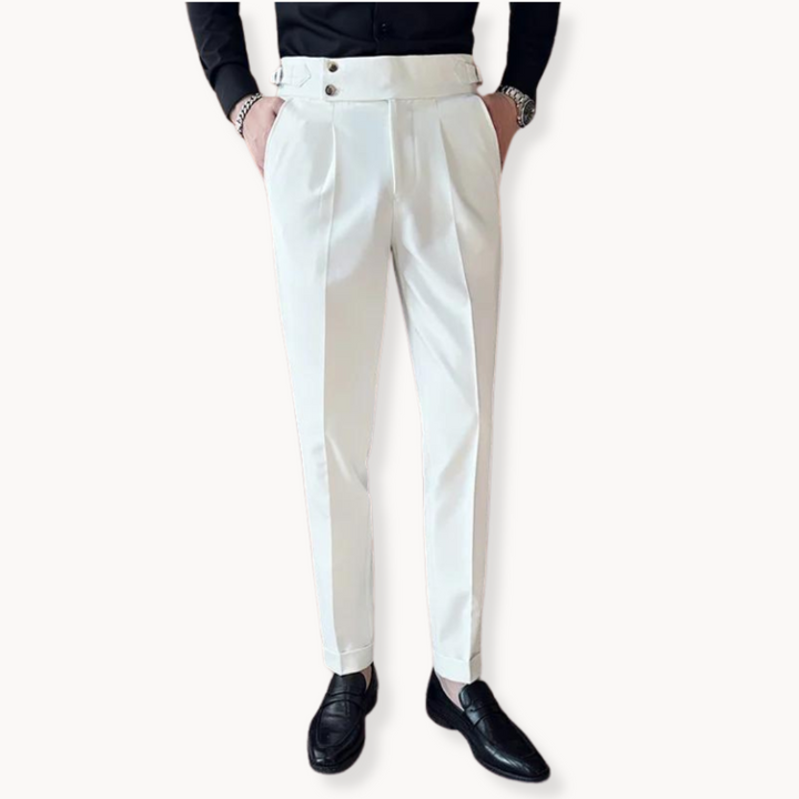 Formal men's dress pants, pleated Gurkha style, perfect for office or events. Smart casual tailored trousers.