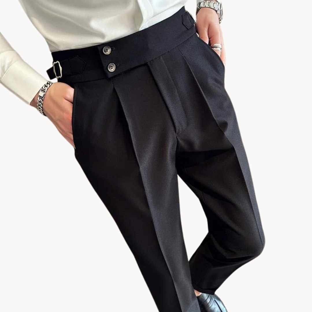 Tailored men's pleated Gurkha pants, classic style, smooth fabric, adjustable waist ensures a perfect fit.