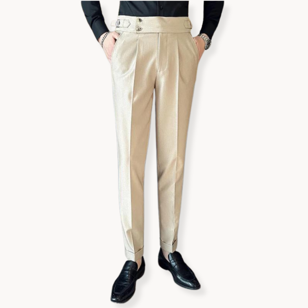 Classic men's Gurkha dress trousers, pleated front, adjustable waist. Sophisticated formal & semi-formal pants.