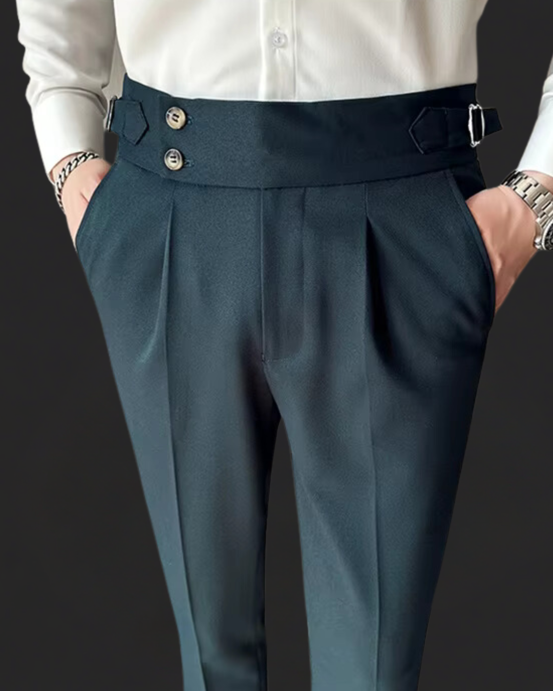 Comfortable men's pleated Gurkha dress trousers with adjustable waist, tailored for a smart, modern look.
