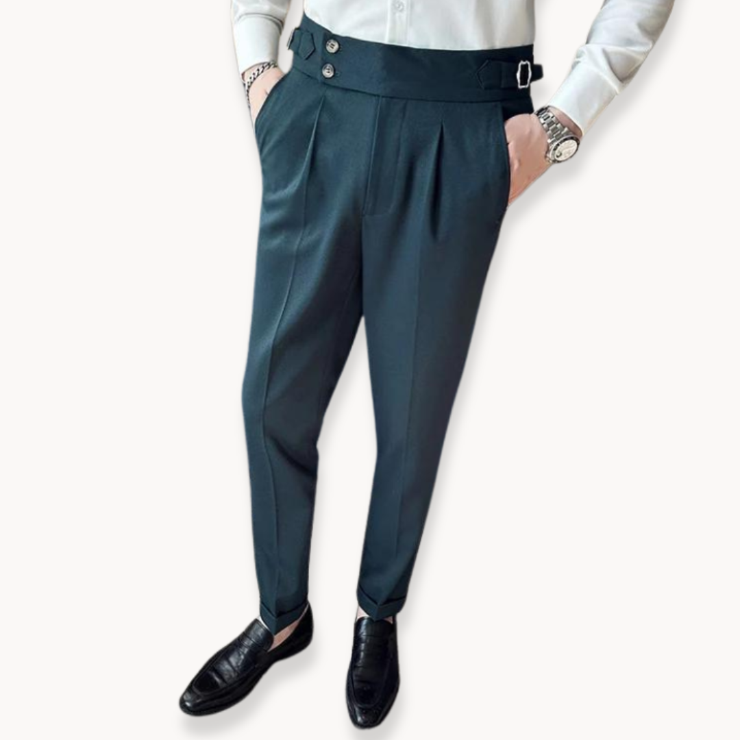Versatile men's pleated Gurkha dress trousers, adjustable waist, suitable for formal, semi-formal, & smart casual.