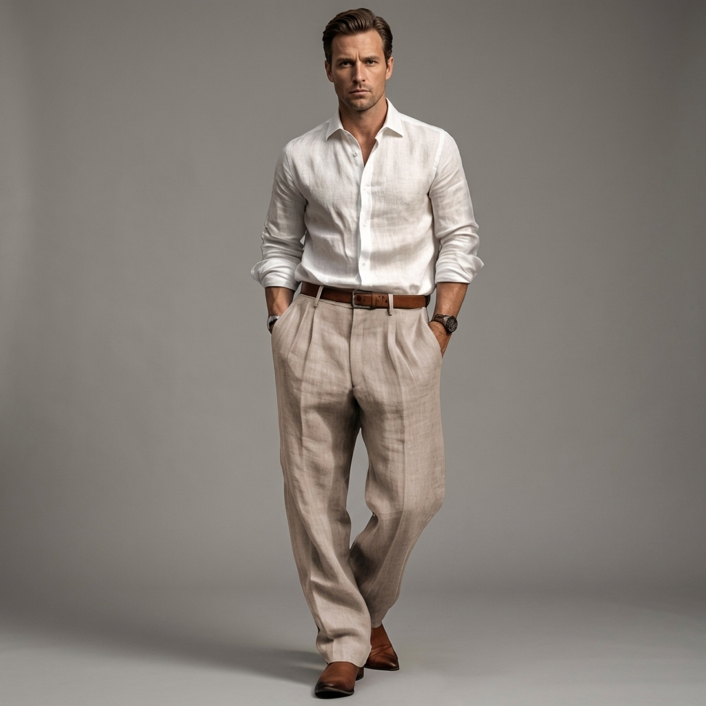 Men's pleated linen trousers in a neutral color, offering breathable comfort for smart casual wear.