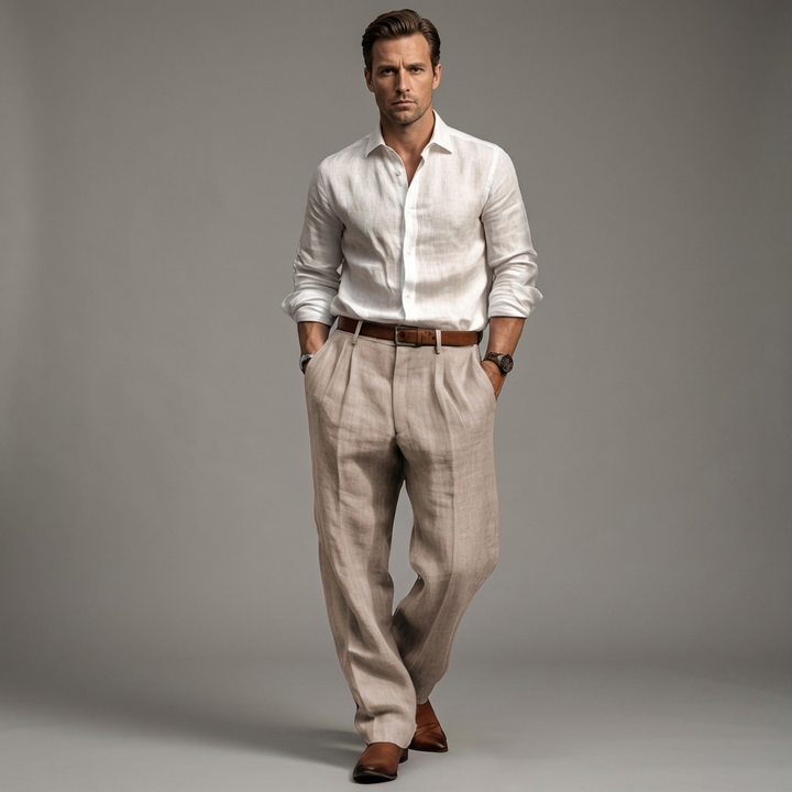 Men's pleated linen trousers in a neutral color, offering breathable comfort for smart casual wear.