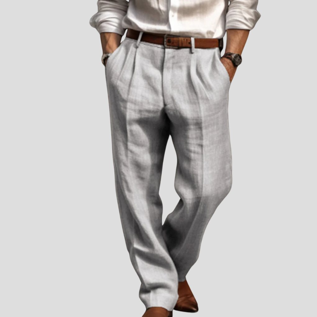 Stylish men's pleated linen trousers, perfect for smart casual outfits. Comfortable and breathable summer pants.