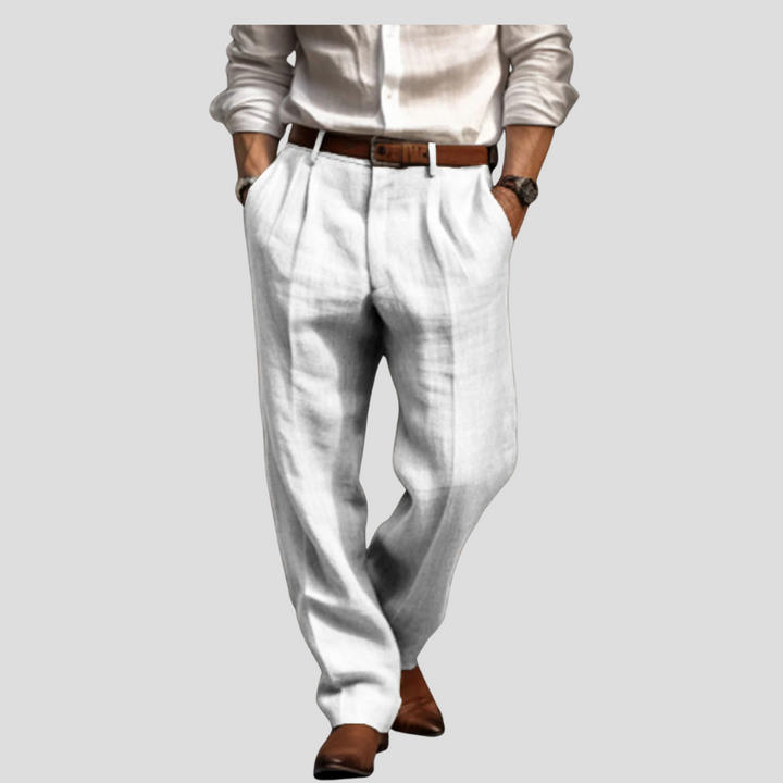 Breathable men's linen trousers with a pleated front and straight leg, ideal for relaxed summer fashion.