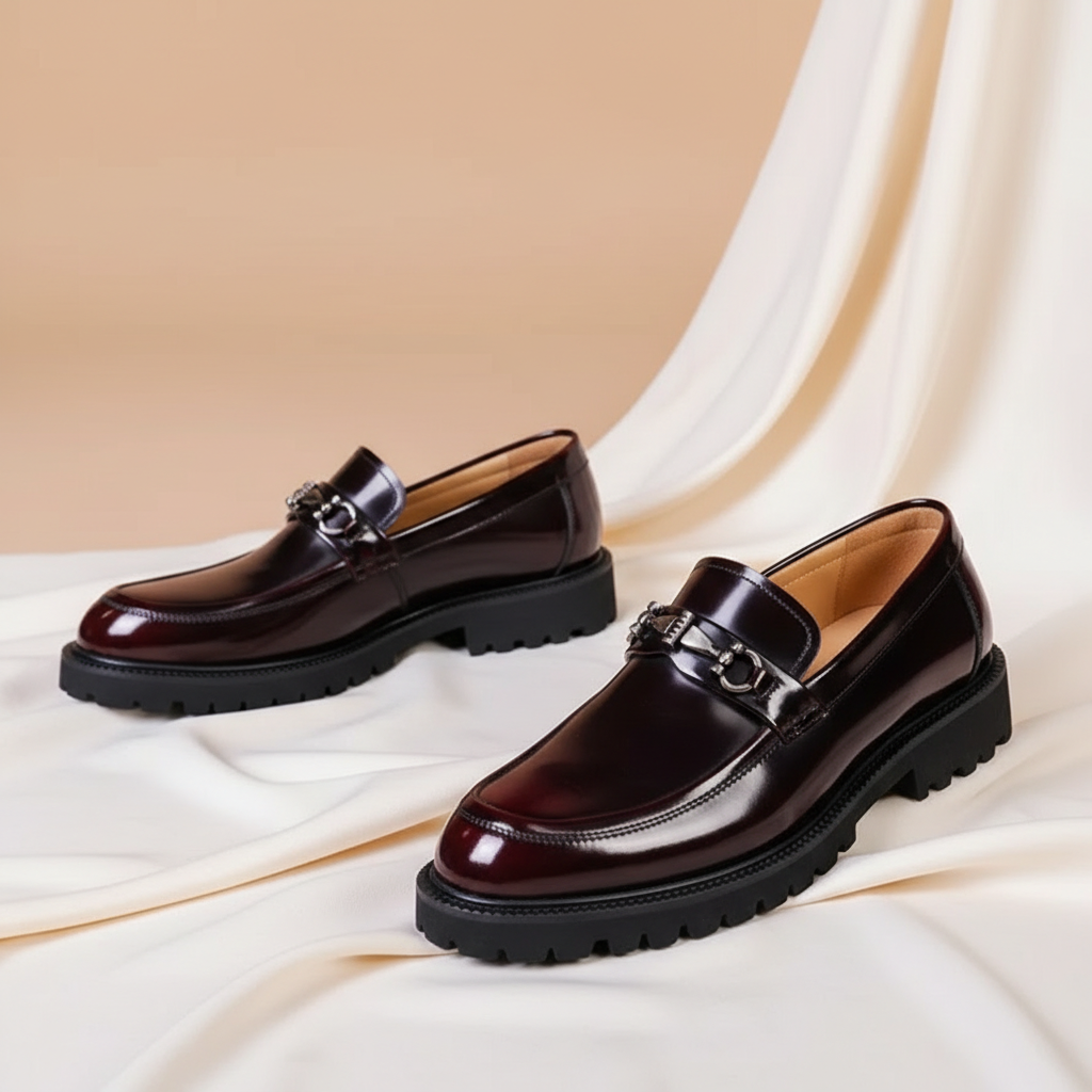Top view of classic men's polished black loafers. Elegant slip-on footwear with a stylish metal bit.