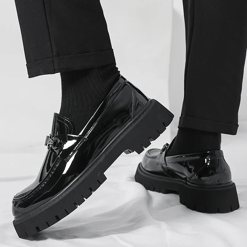 High-shine polished leather men's dress loafers, professional slip-on formal shoes for sharp style.