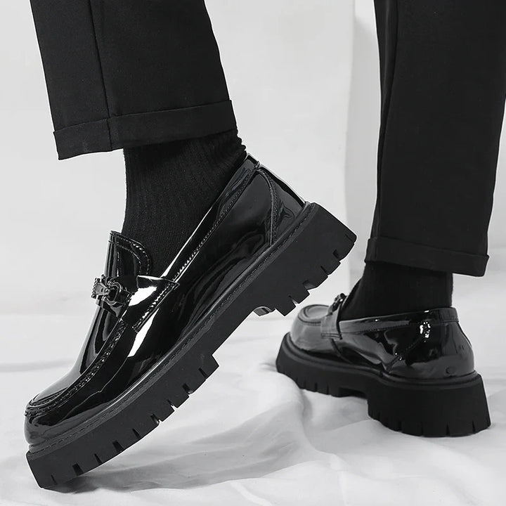 High-shine polished leather men's dress loafers, professional slip-on formal shoes for sharp style.