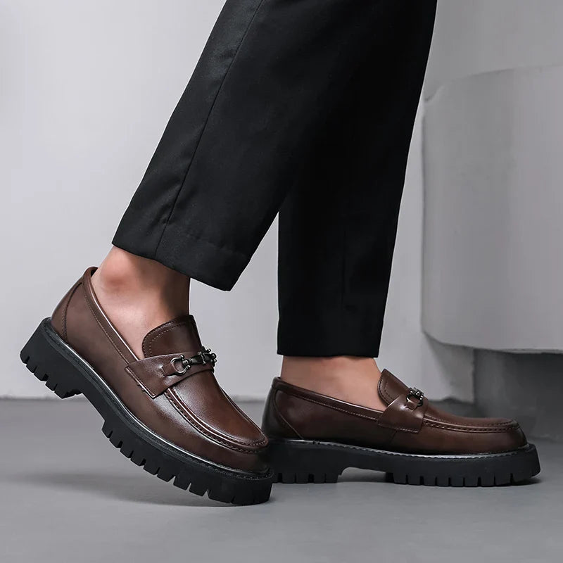 Brown men's polished dress loafers, ideal business casual slip-on shoes for elegant men's fashion.