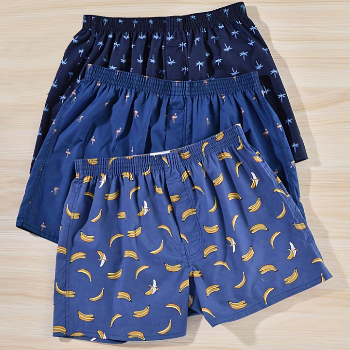 Men's comfortable 3-pack cotton boxer briefs, featuring a charming plant print pattern.