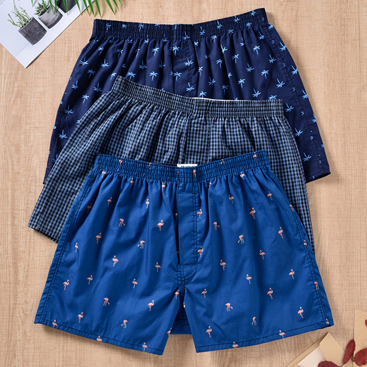 Stylish men's plant print cotton boxer briefs, 3-pack, designed for breathability & comfort.