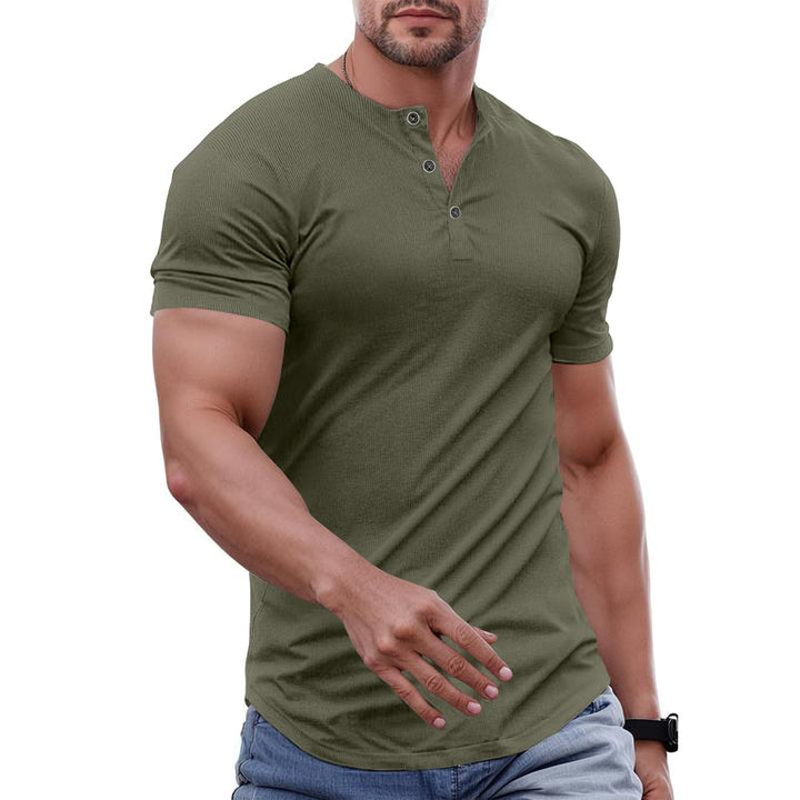 Back view of a plain men's premium cotton Henley tee, ideal for comfortable casual wear.