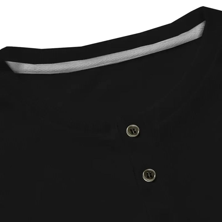 Model wearing a men's premium cotton Henley tee shirt, styled for versatile casual fashion.