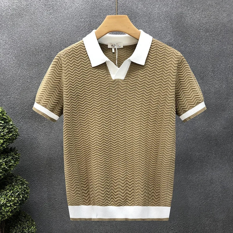 Men's premium knit polo shirt with contrast trim, made from soft textured cotton, perfect for summer casual wear.