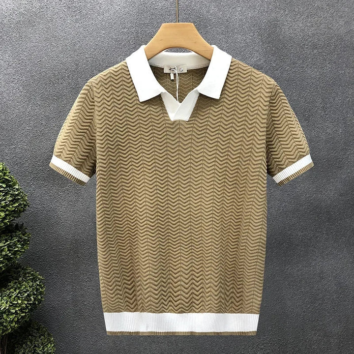 Men's premium knit polo shirt with contrast trim, made from soft textured cotton, perfect for summer casual wear.