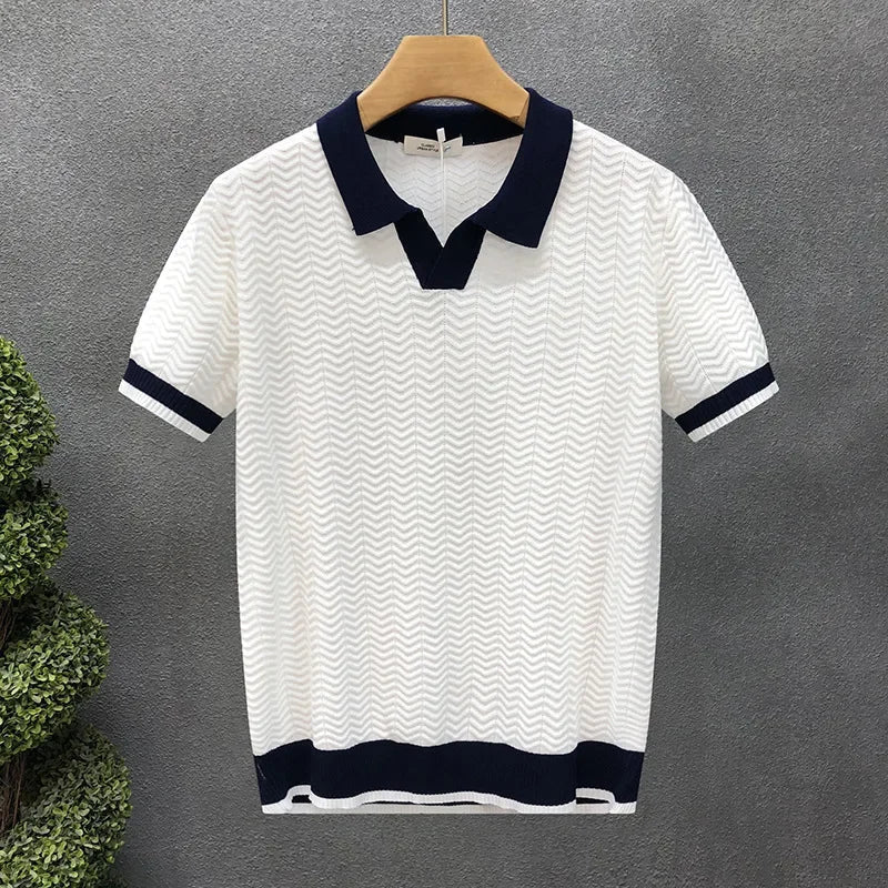 Textured knit men's polo shirt, premium cotton, featuring a stylish contrast trim. A versatile casual summer top.