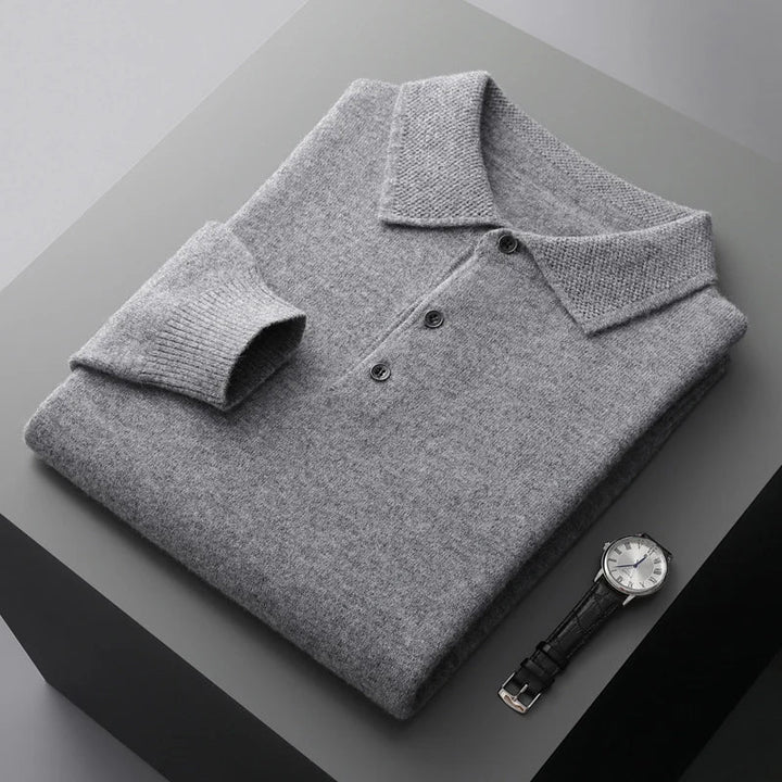 Men's premium merino wool polo shirt in navy, perfect for versatile classic style & casual wear.