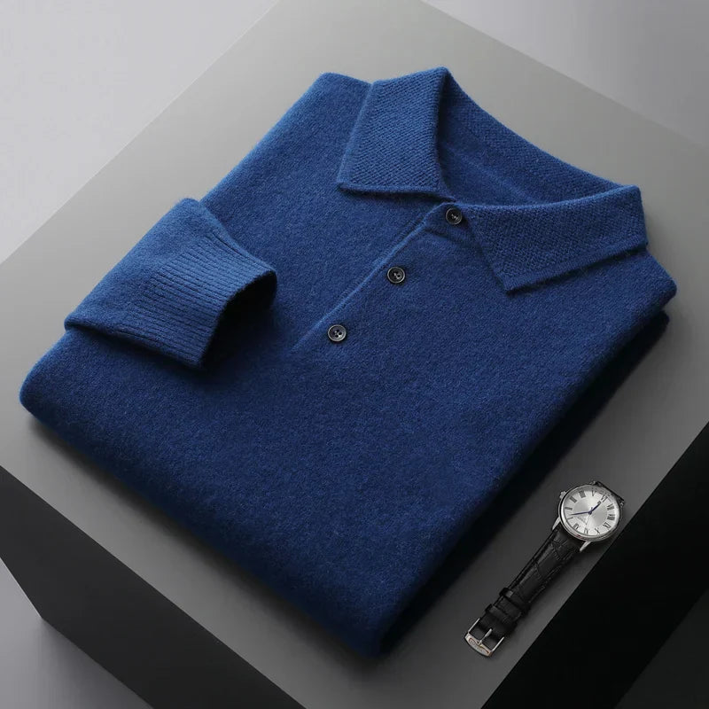 Soft knit men's merino wool polo top in black, offering breathable comfort for formal & casual wear.