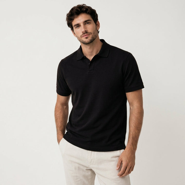 Breathable men's classic pique polo, soft cotton, short sleeve design.
