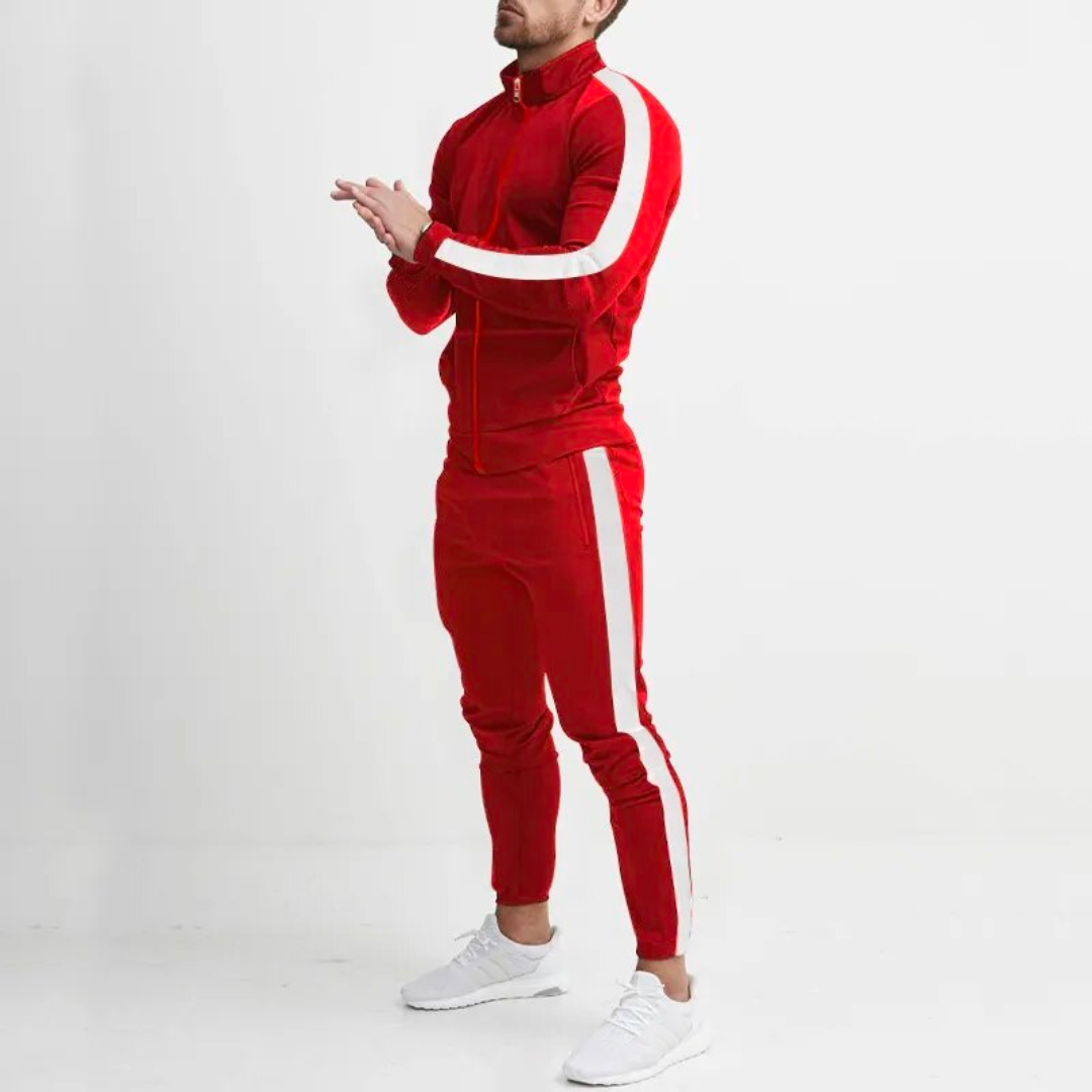 Model wearing a men's black polyester tracksuit, perfect casual jogging set for modern athleisure style