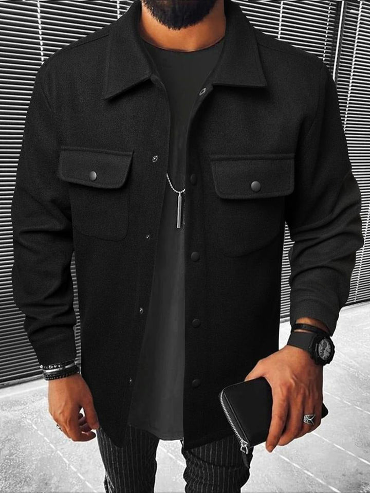 Men's premium wool blend overshirt jacket, dark gray, structured for fall fashion and casual layering