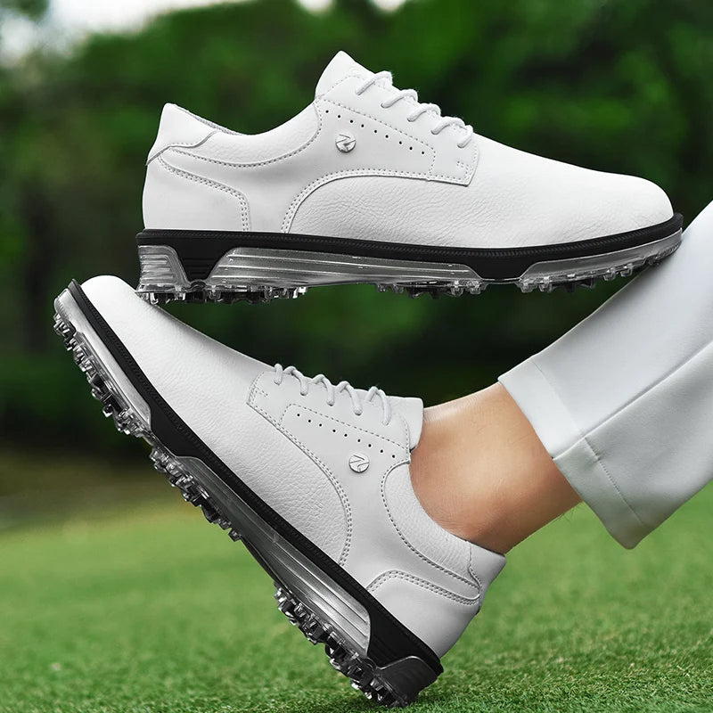 Premium men's leather golf shoes, Pro Edition, waterproof and spiked for high-performance golf.