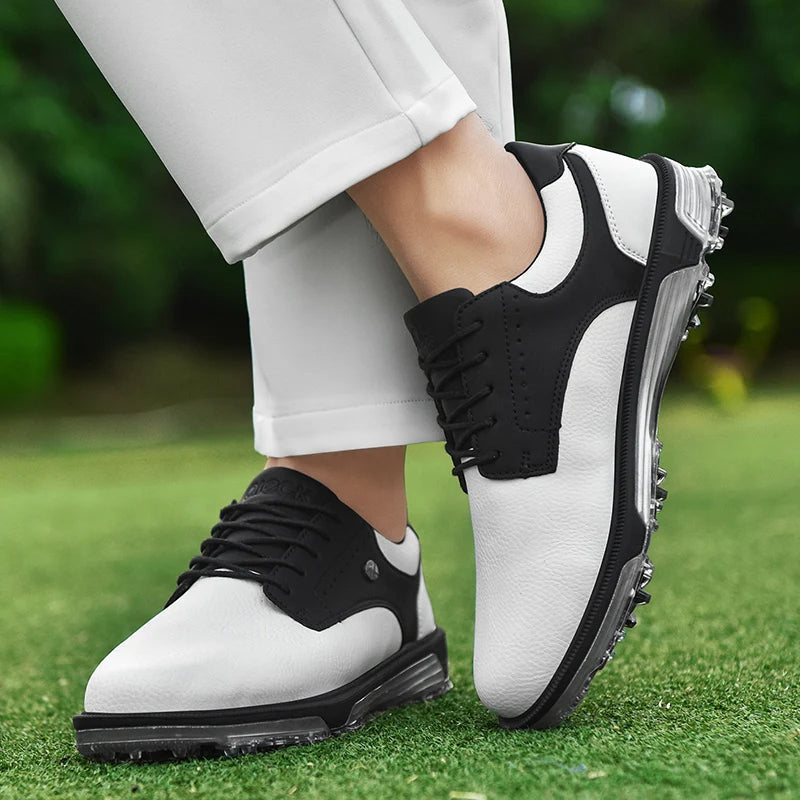 Full view of men's Pro Edition leather golf shoes, waterproof and spiked for athletic performance.