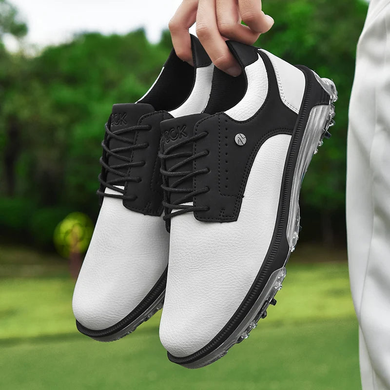 Comfortable men's Pro Edition leather golf shoes, waterproof, athletic, and spiked for the course.