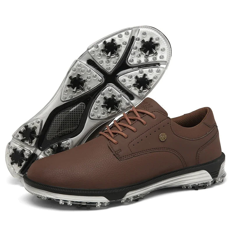 Men's Pro Edition waterproof leather golf footwear, athletic design with performance-enhancing spikes.