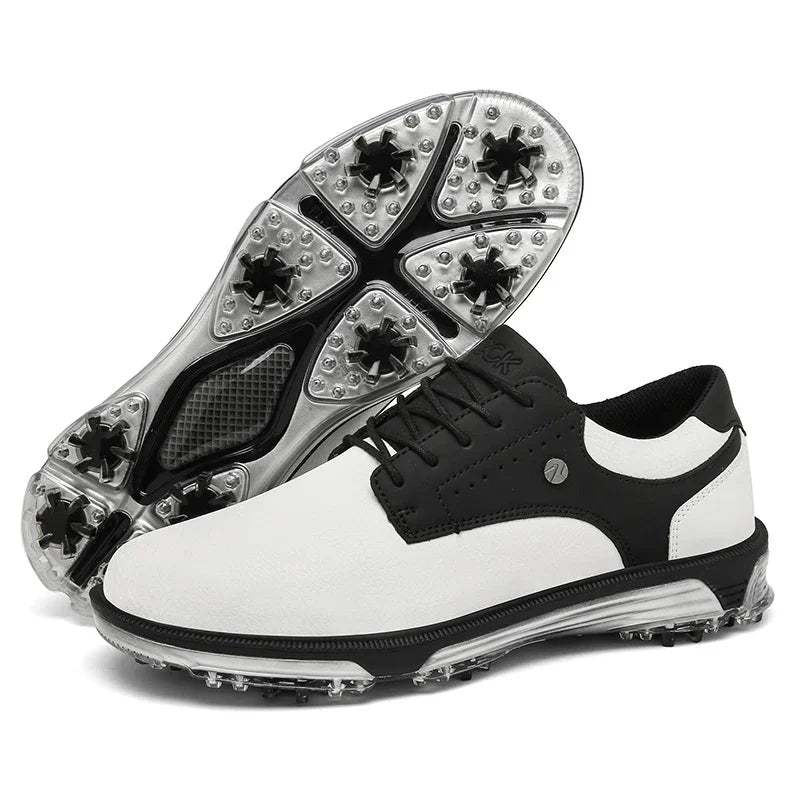 Pro Edition men's waterproof leather golf shoes, athletic fit with integrated performance spikes.