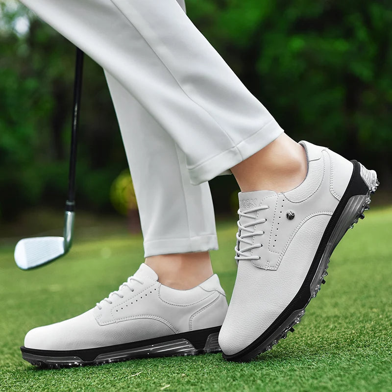 Men's Pro Edition golf shoes featuring waterproof leather, performance-driven and spiked for grip.