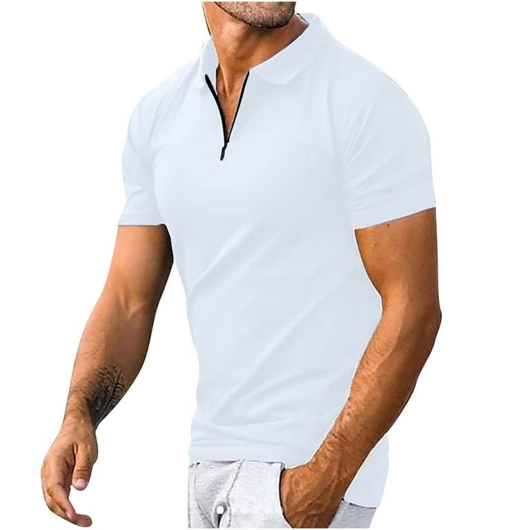 Comfortable men's quarter-zip polo shirt; smart casual short sleeve top for modern everyday wear.