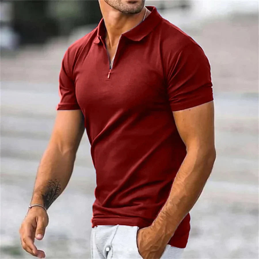 Men's collared polo shirt, quarter-zip design, offering a modern, versatile smart casual look.