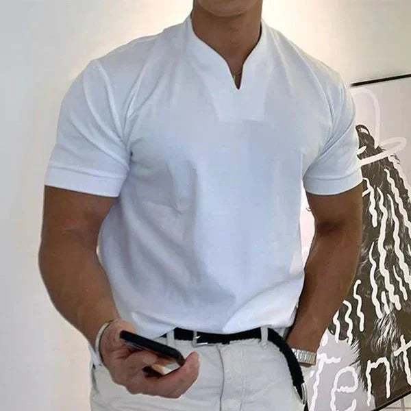 Men's quick-dry V-neck performance t-shirt. Ideal athletic activewear summer tee for comfortable workouts.