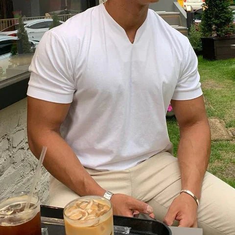 Men's casual short-sleeve V-neck t-shirt. Quick-dry performance wear for comfortable everyday summer style.