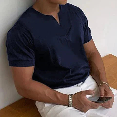 Back view of a men's quick-dry V-neck performance t-shirt. Moisture-wicking summer tee for active lifestyles.