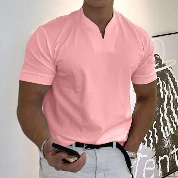 Folded men's quick-dry V-neck summer t-shirt. Comfortable performance activewear, short-sleeve workout top.