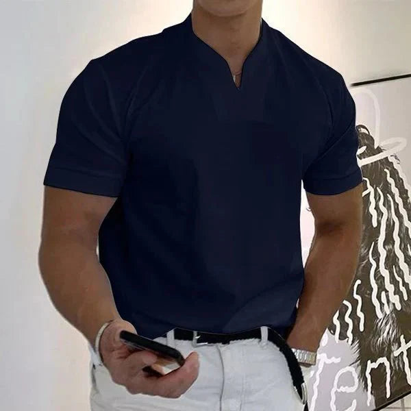 Men's quick-dry V-neck performance t-shirt on a hanger. Moisture-wicking summer tee for athletic & casual wear.