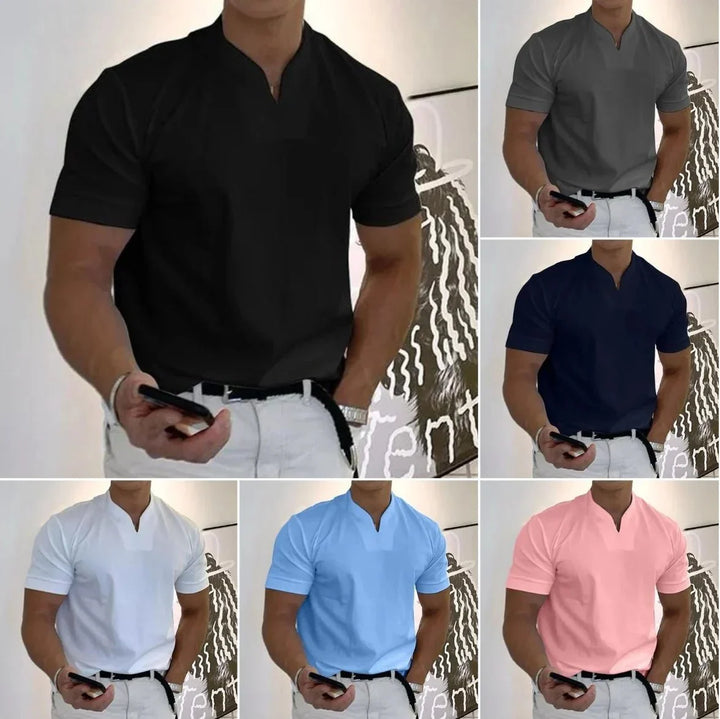 Stack of men's quick-dry V-neck performance t-shirts in various colors. Essential summer athletic workout tops.