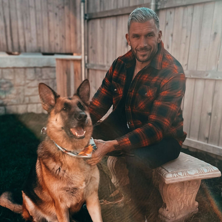 Warm men's quilted flannel jacket in a rustic brown plaid, perfect for outdoor activities