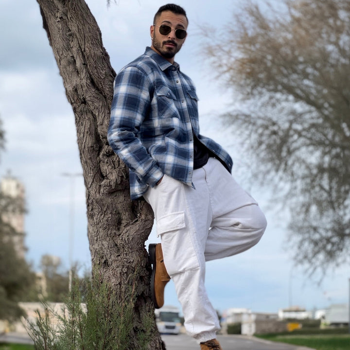 Casual men's apparel: Quilted flannel jacket in a timeless black and white plaid