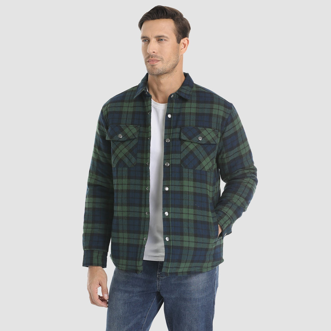 Fashionable men's quilted flannel jacket in a striking blue plaid, a standout piece for fall