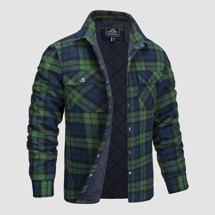 Back view of a men's quilted flannel jacket, highlighting its durable construction for winter wear