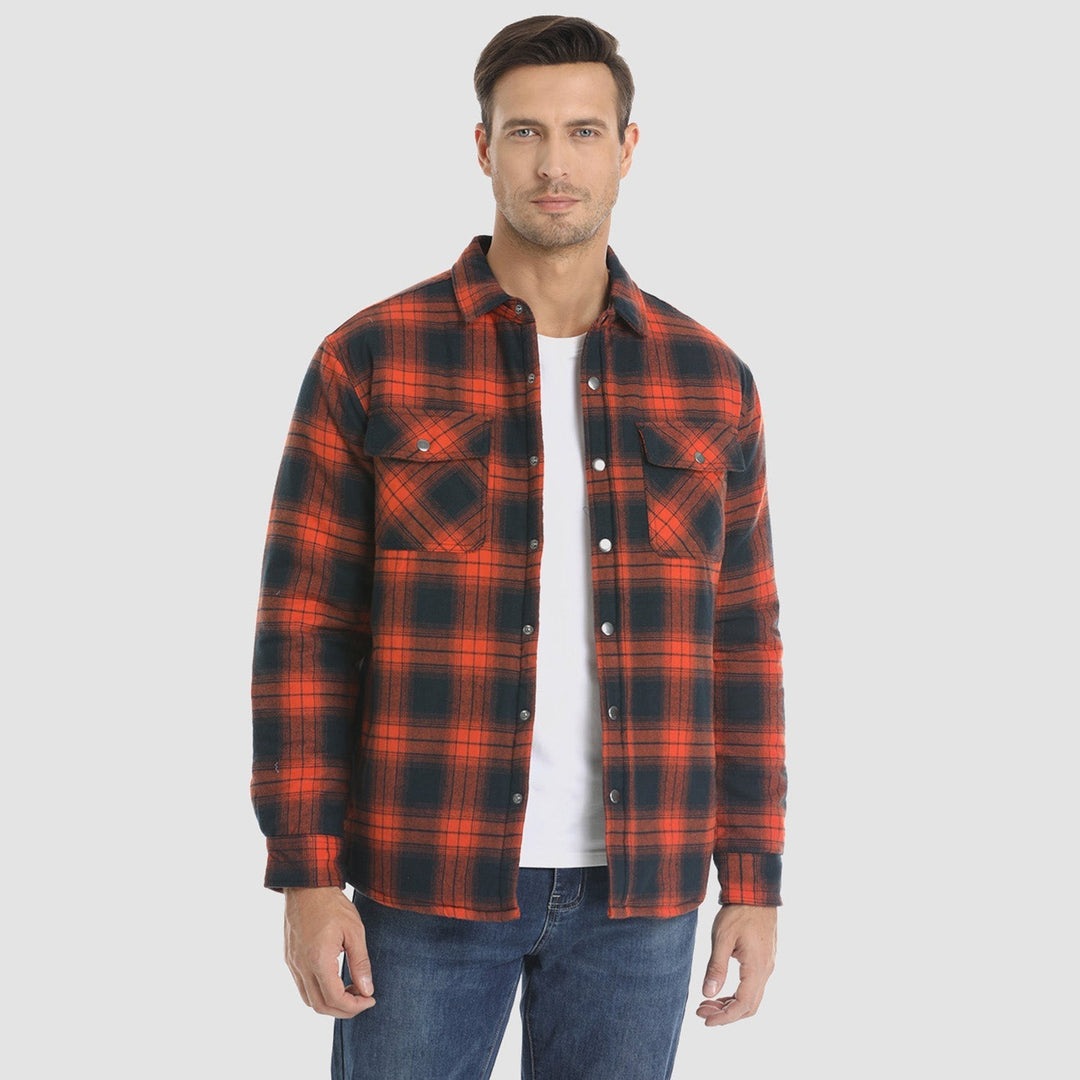Full-length shot of a men's quilted flannel jacket, an essential piece of men's apparel outerwear