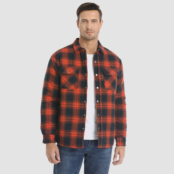 Full-length shot of a men's quilted flannel jacket, an essential piece of men's apparel outerwear