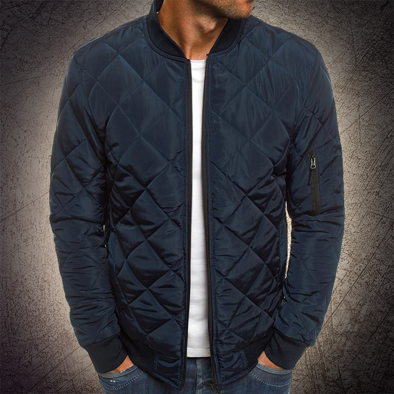 Side view of a men's lightweight quilted bomber jacket, showcasing its clean lines and modern design