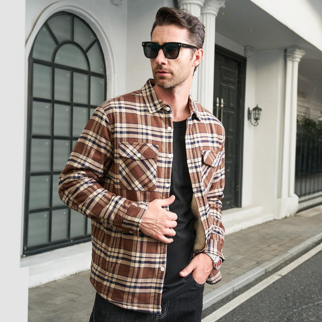 Back view of a men's warm flannel button-down jacket with a comfortable fleece lining, essential winter coat
