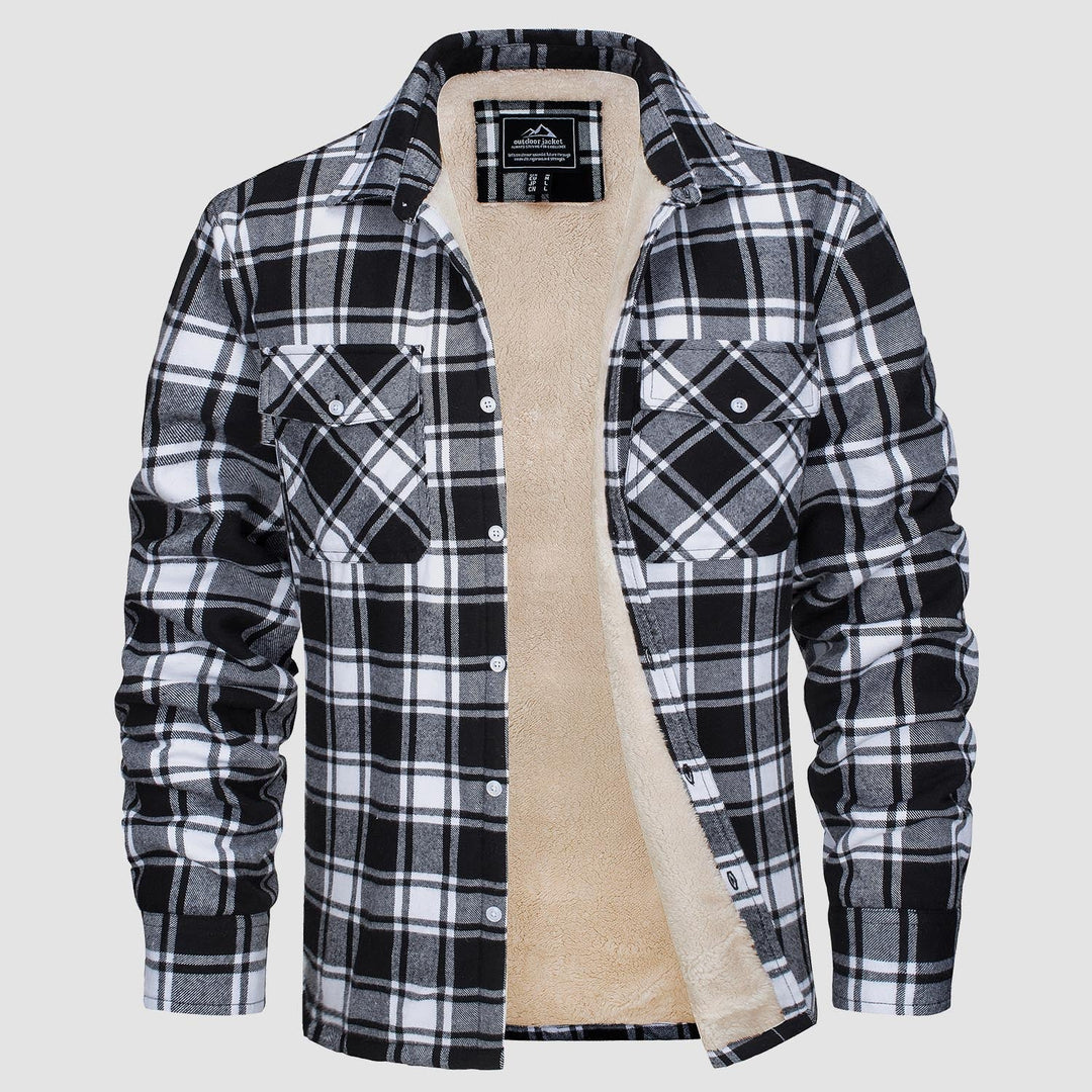 Full shot of a man wearing a warm fleece-lined flannel jacket, showcasing its comfortable fit and winter appeal