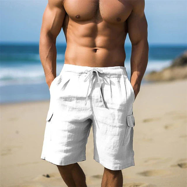 Utility men's Bermuda cargo shorts, relaxed fit, drawstring waist for comfort, perfect for warm weather apparel.